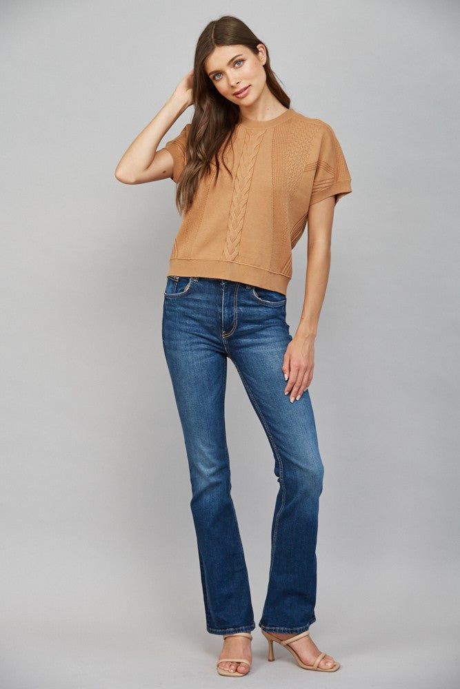 MIXED KNIT SHORT SLEEVE SWEATER