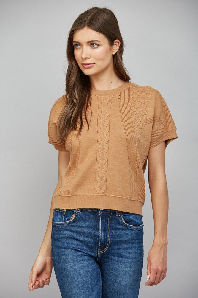 MIXED KNIT SHORT SLEEVE SWEATER