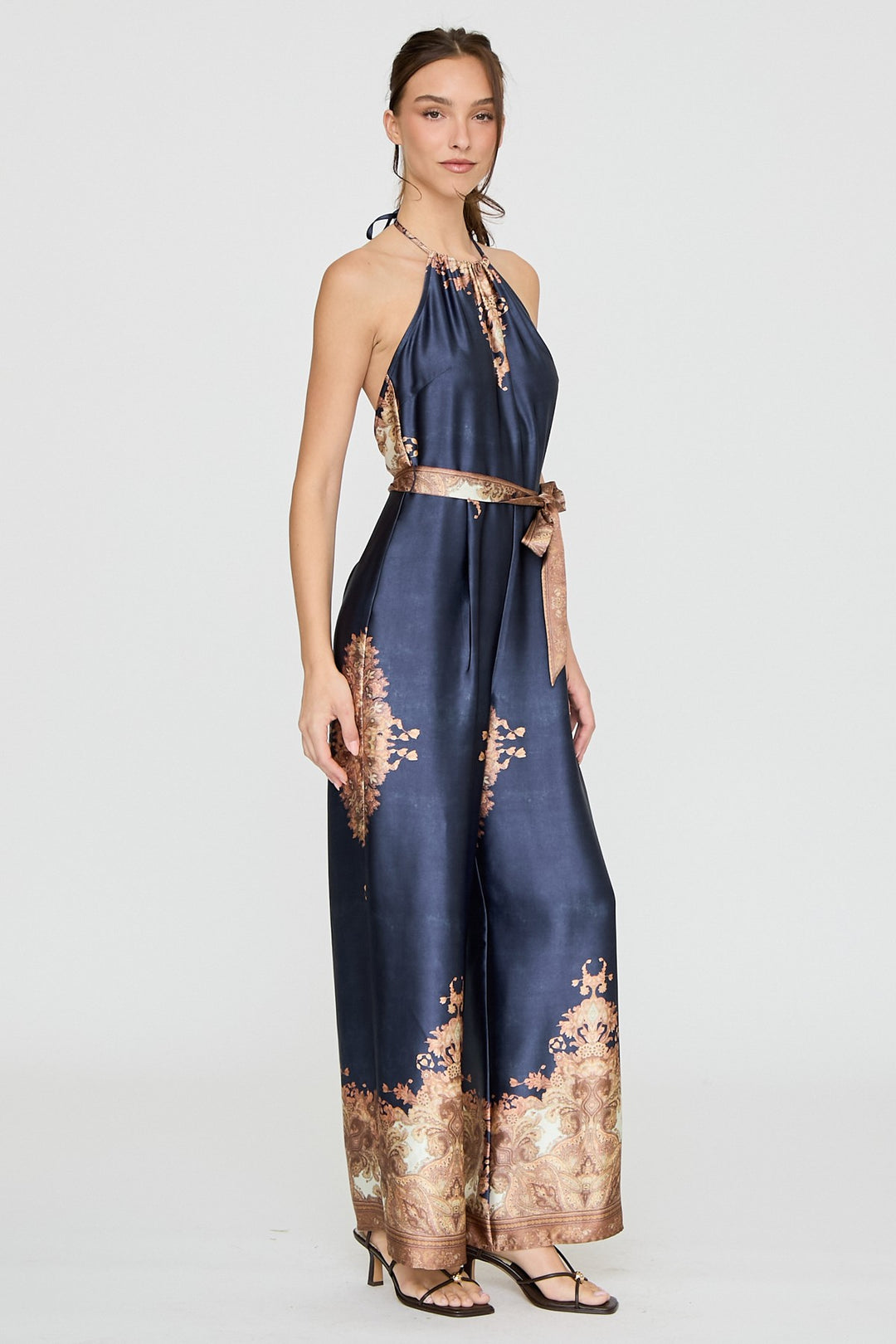 BAROQUE PRINT HALTER WIDE LEG JUMPSUIT