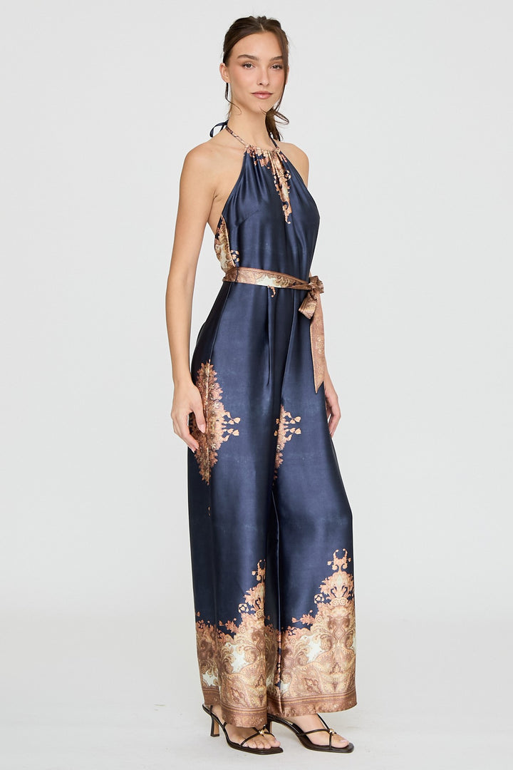 BAROQUE PRINT HALTER WIDE LEG JUMPSUIT