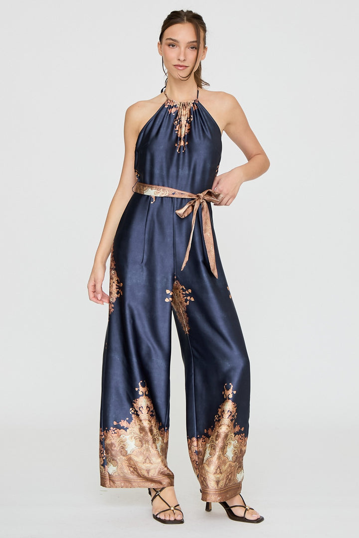 BAROQUE PRINT HALTER WIDE LEG JUMPSUIT