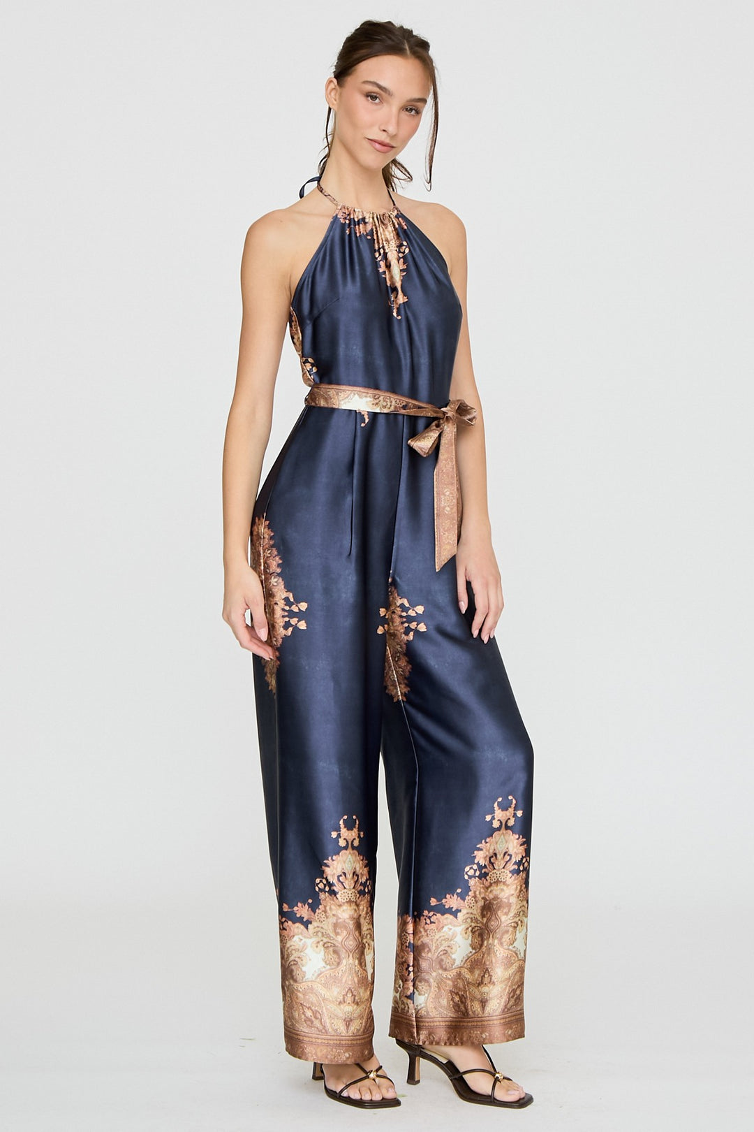 BAROQUE PRINT HALTER WIDE LEG JUMPSUIT