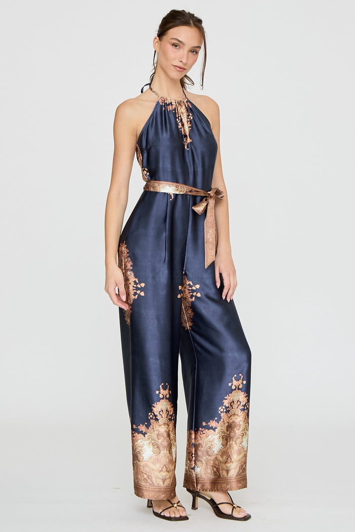 BAROQUE PRINT HALTER WIDE LEG JUMPSUIT