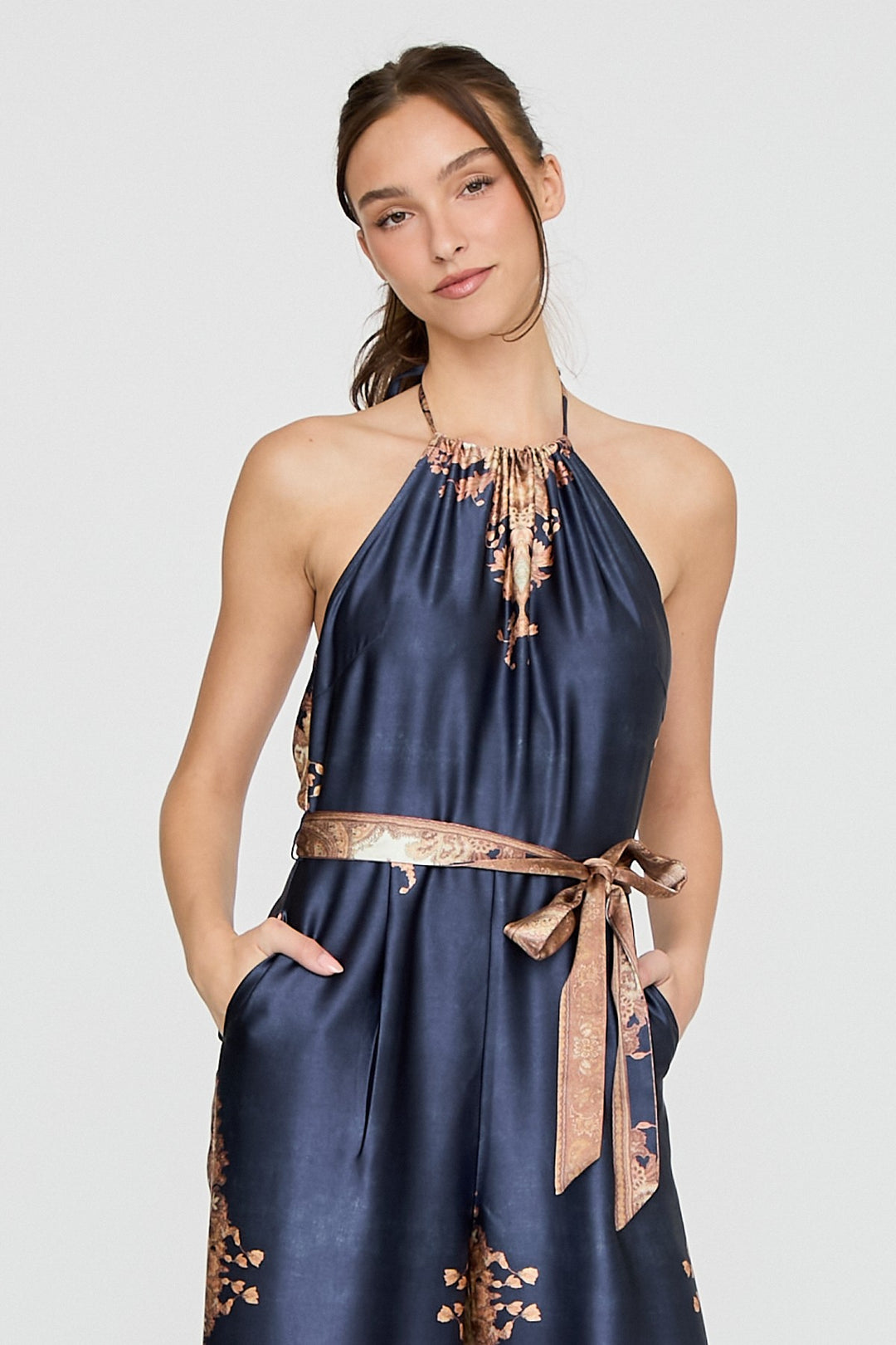 BAROQUE PRINT HALTER WIDE LEG JUMPSUIT