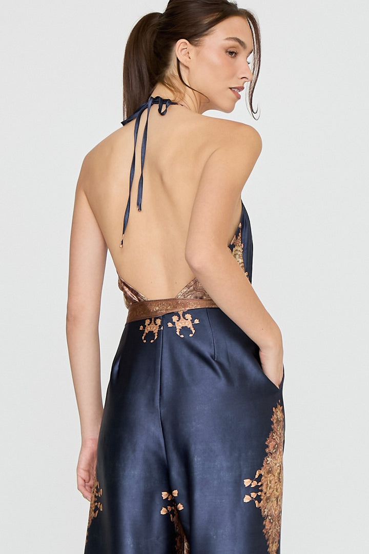BAROQUE PRINT HALTER WIDE LEG JUMPSUIT