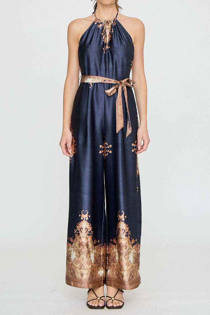 BAROQUE PRINT HALTER WIDE LEG JUMPSUIT