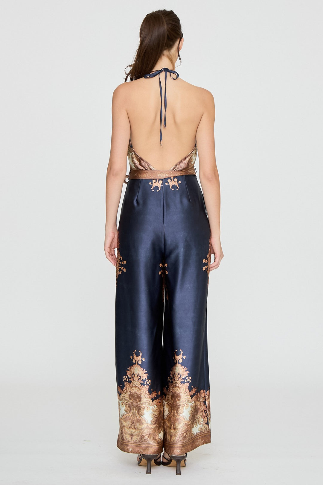 BAROQUE PRINT HALTER WIDE LEG JUMPSUIT