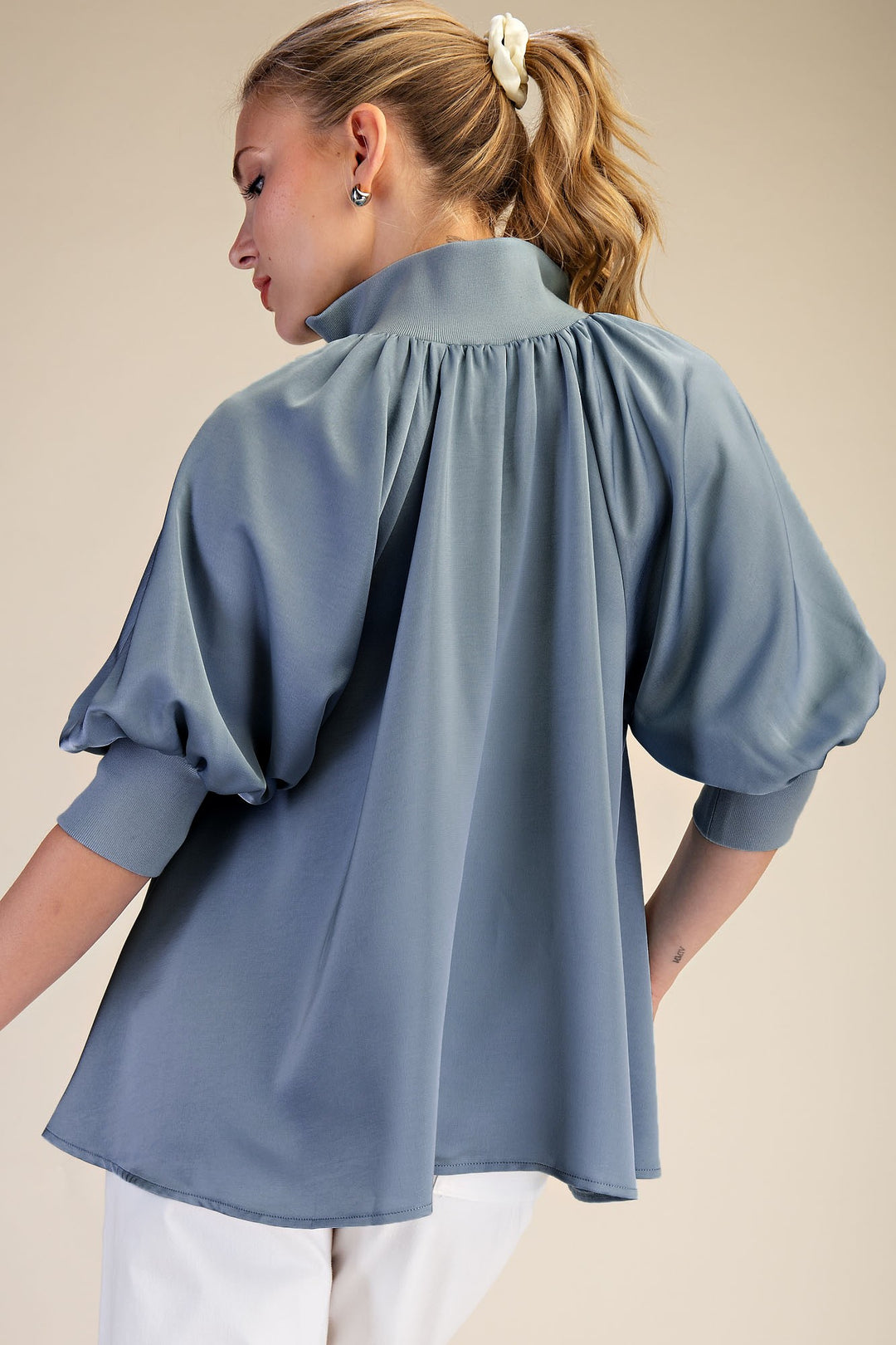 MOCK NECK PUFF ELBOW SLEEVE BLOUSE