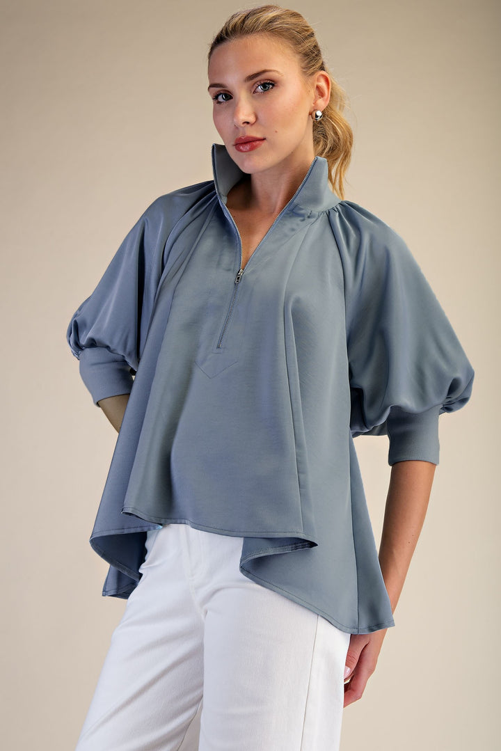 MOCK NECK PUFF ELBOW SLEEVE BLOUSE