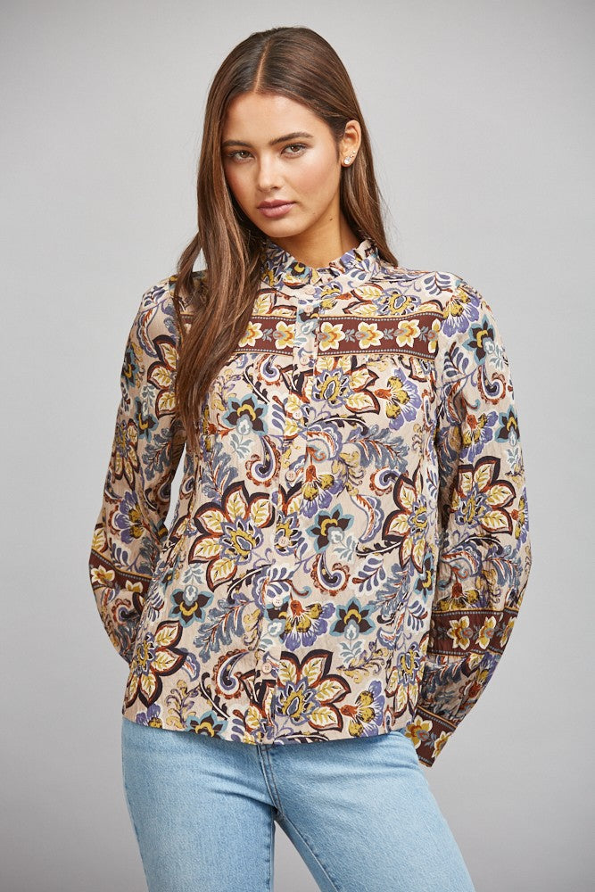 BORDER PRINT RUFFLED BUTTON DOWN BLOUSE