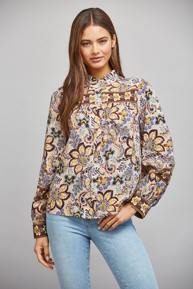 BORDER PRINT RUFFLED BUTTON DOWN BLOUSE