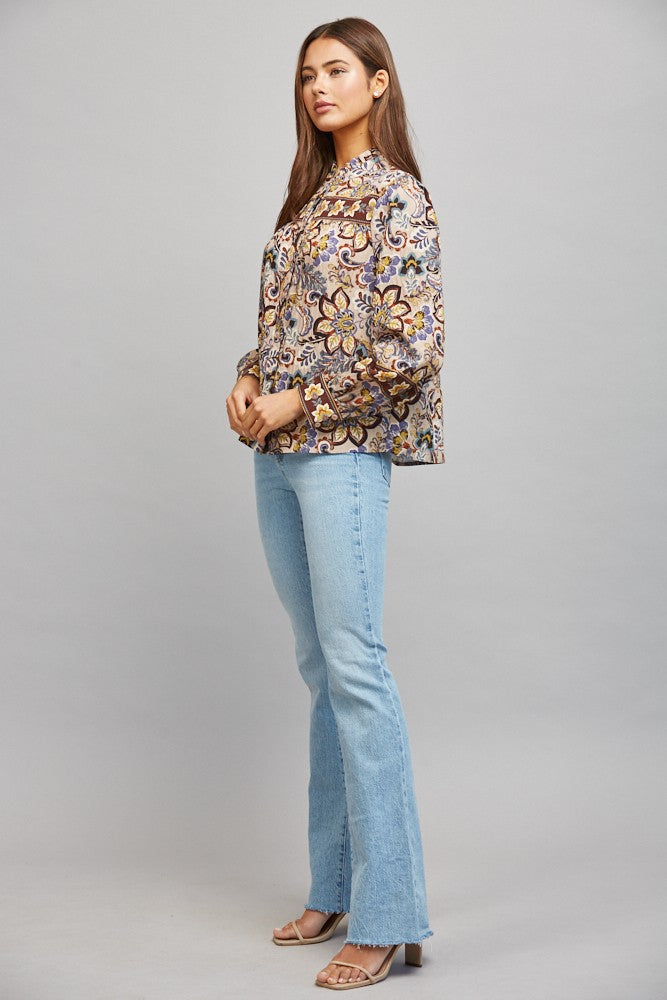 BORDER PRINT RUFFLED BUTTON DOWN BLOUSE