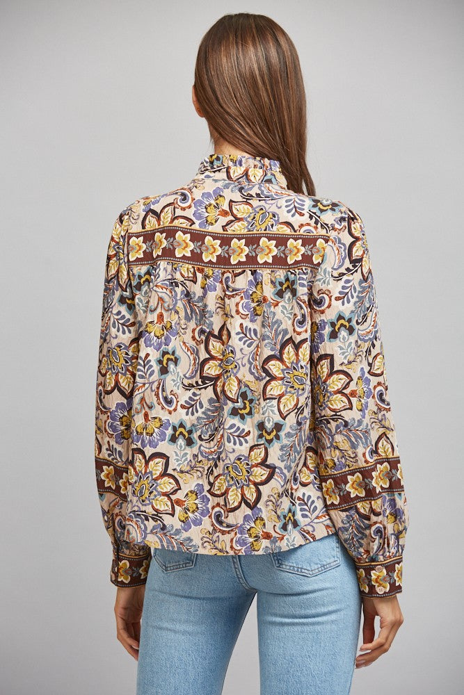 BORDER PRINT RUFFLED BUTTON DOWN BLOUSE
