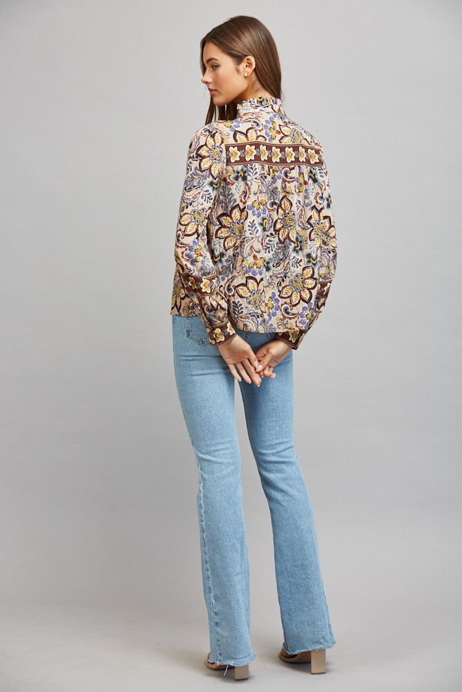 BORDER PRINT RUFFLED BUTTON DOWN BLOUSE