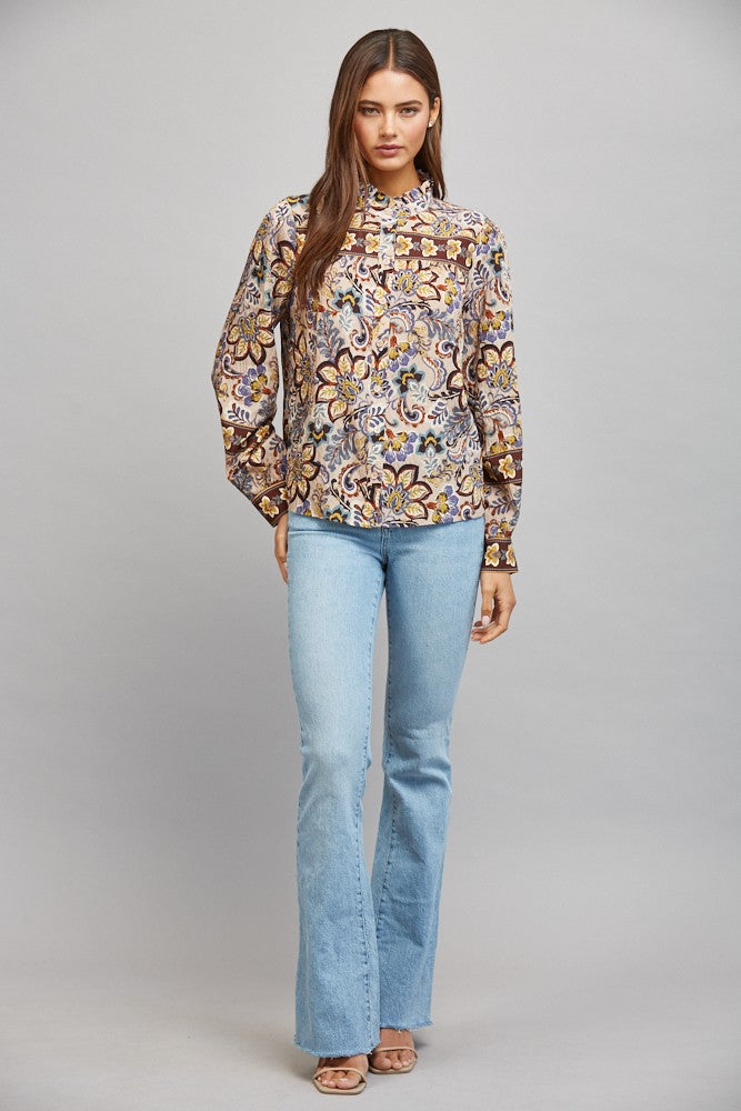 BORDER PRINT RUFFLED BUTTON DOWN BLOUSE
