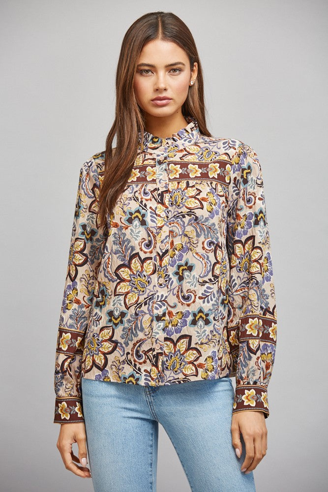 BORDER PRINT RUFFLED BUTTON DOWN BLOUSE