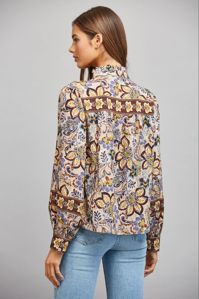 BORDER PRINT RUFFLED BUTTON DOWN BLOUSE