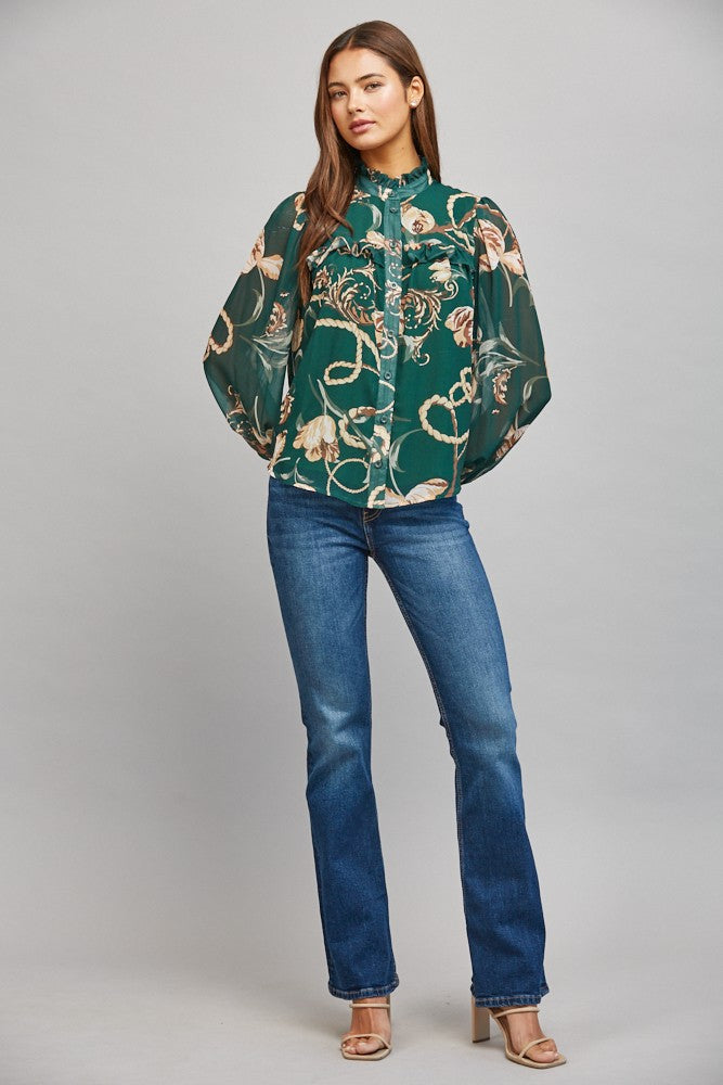 HIGH RUFFLED NECK BUTTON DOWN BLOUSE