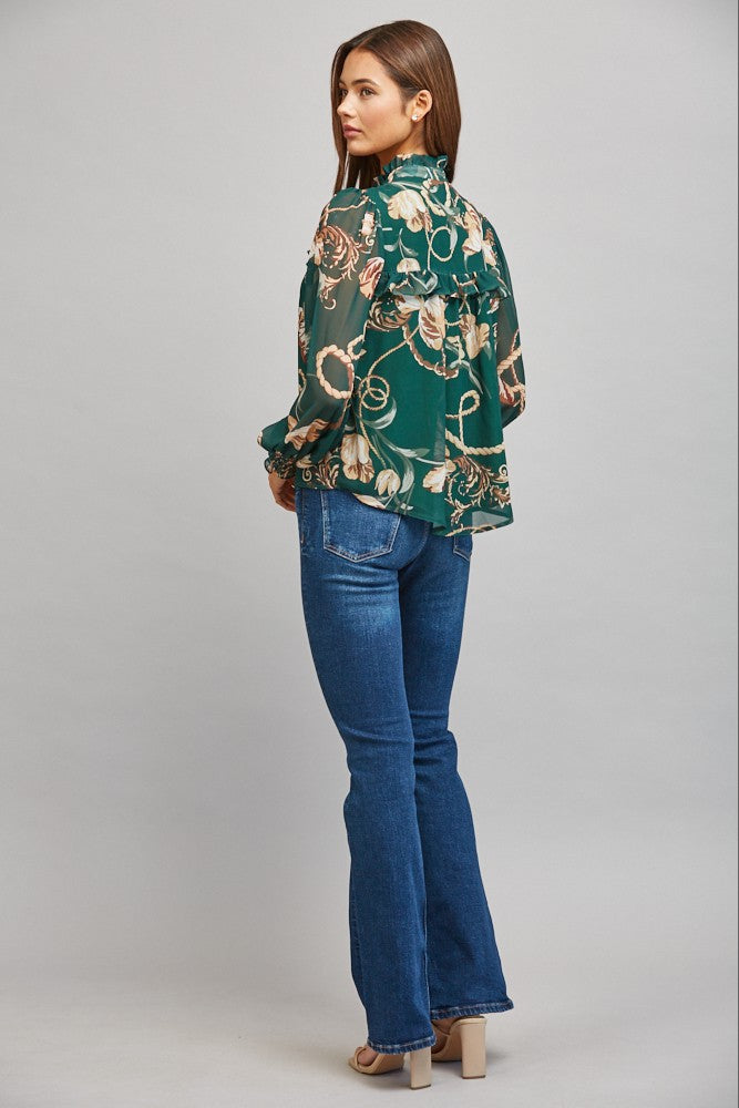 HIGH RUFFLED NECK BUTTON DOWN BLOUSE