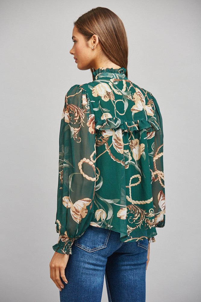 HIGH RUFFLED NECK BUTTON DOWN BLOUSE