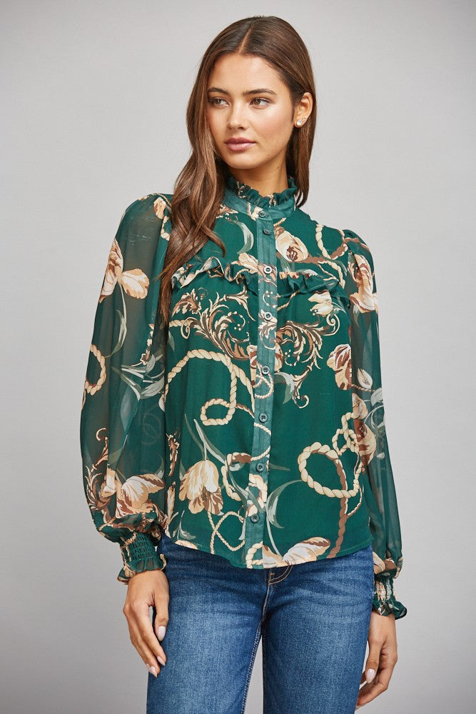 HIGH RUFFLED NECK BUTTON DOWN BLOUSE