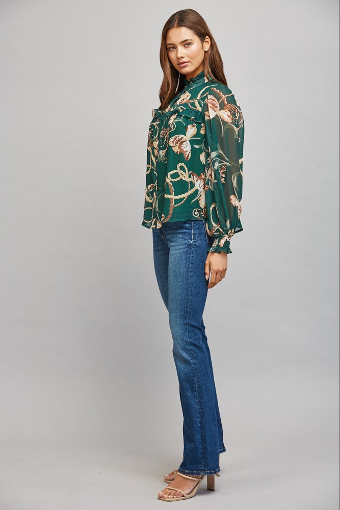 HIGH RUFFLED NECK BUTTON DOWN BLOUSE