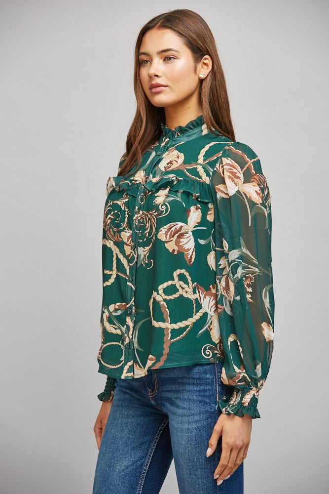HIGH RUFFLED NECK BUTTON DOWN BLOUSE