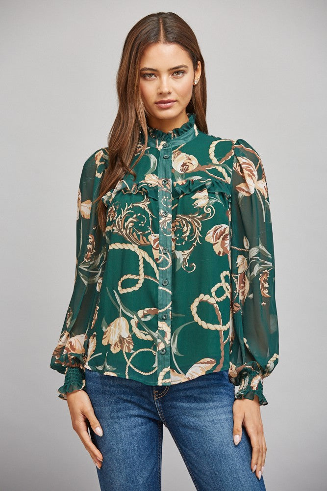 HIGH RUFFLED NECK BUTTON DOWN BLOUSE