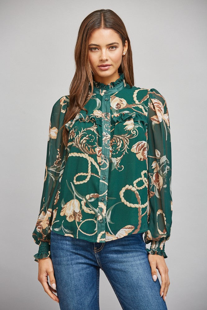 HIGH RUFFLED NECK BUTTON DOWN BLOUSE