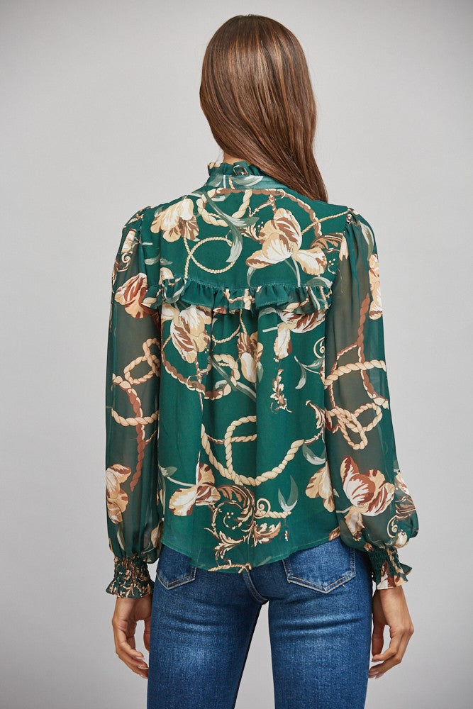 HIGH RUFFLED NECK BUTTON DOWN BLOUSE