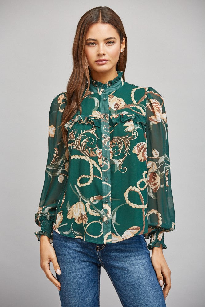 HIGH RUFFLED NECK BUTTON DOWN BLOUSE