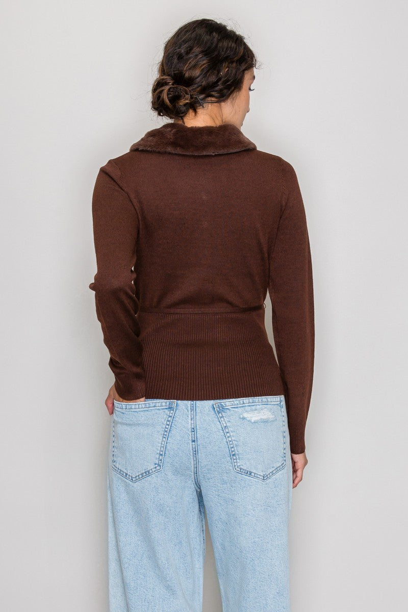 FUR COLLAR SWEATER TOP