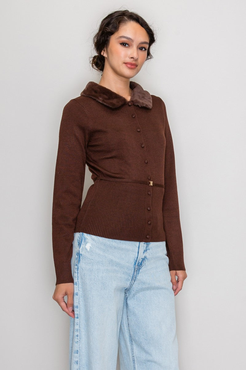 FUR COLLAR SWEATER TOP