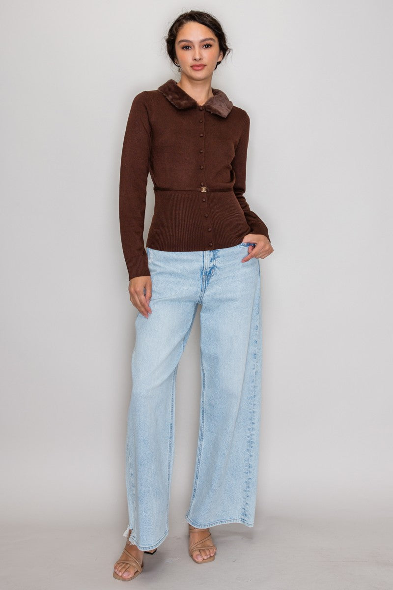FUR COLLAR SWEATER TOP
