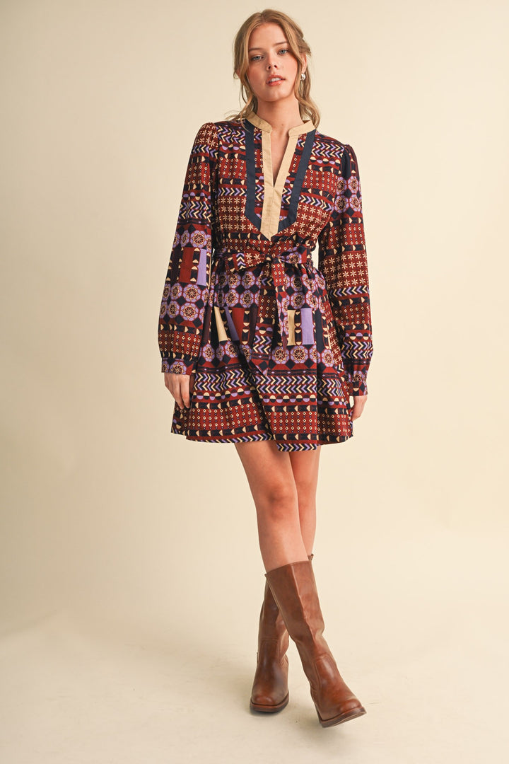 EXCLUSIVE GEOMETRIC PRINT BELTED MINI DRESS