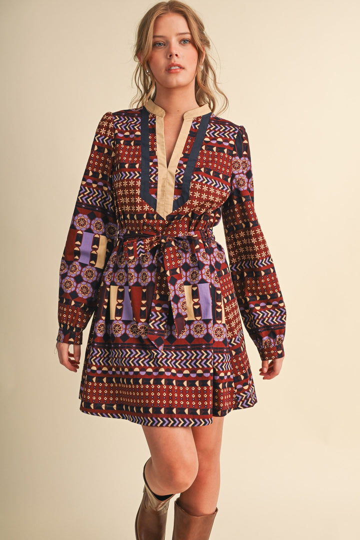 EXCLUSIVE GEOMETRIC PRINT BELTED MINI DRESS