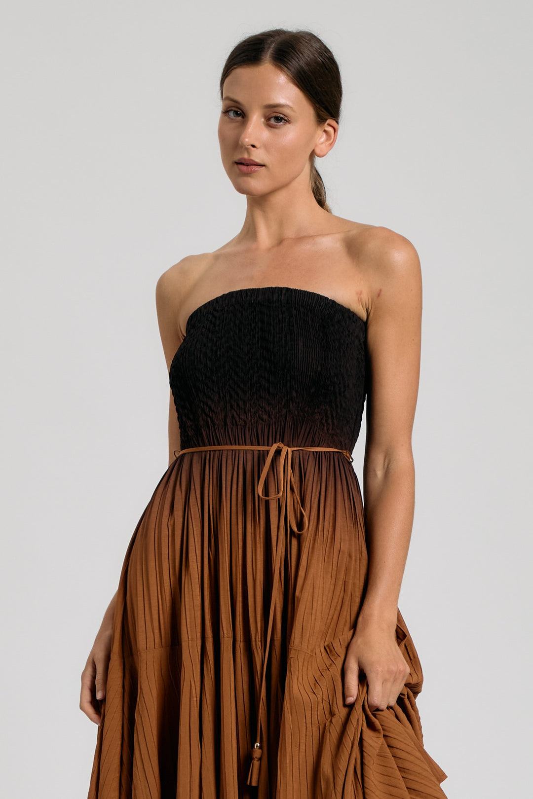 SMOCKED TUBE PLEATED MIDI DRESS