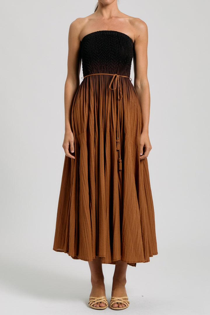 SMOCKED TUBE PLEATED MIDI DRESS