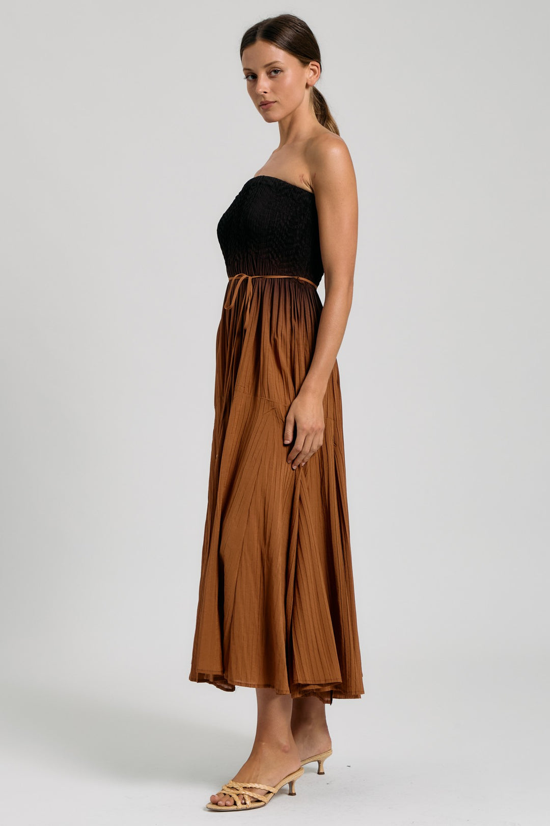 SMOCKED TUBE PLEATED MIDI DRESS