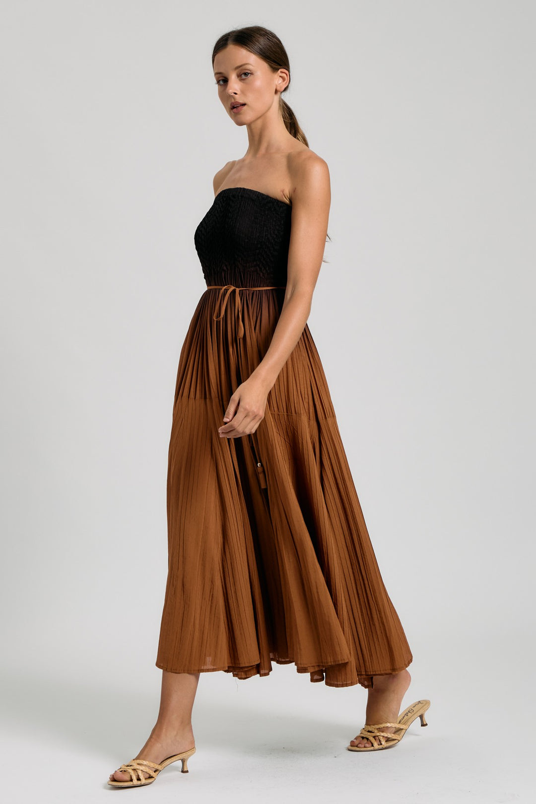 SMOCKED TUBE PLEATED MIDI DRESS