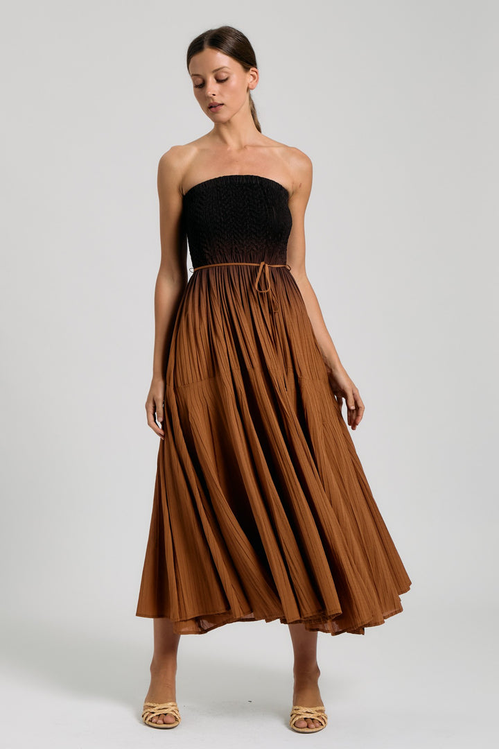 SMOCKED TUBE PLEATED MIDI DRESS