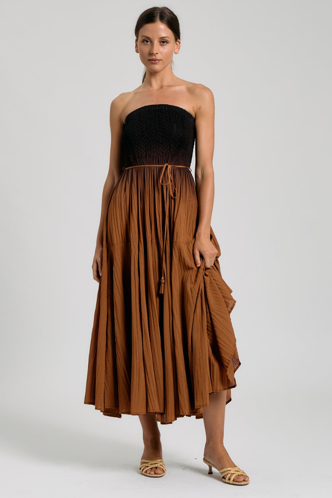 SMOCKED TUBE PLEATED MIDI DRESS