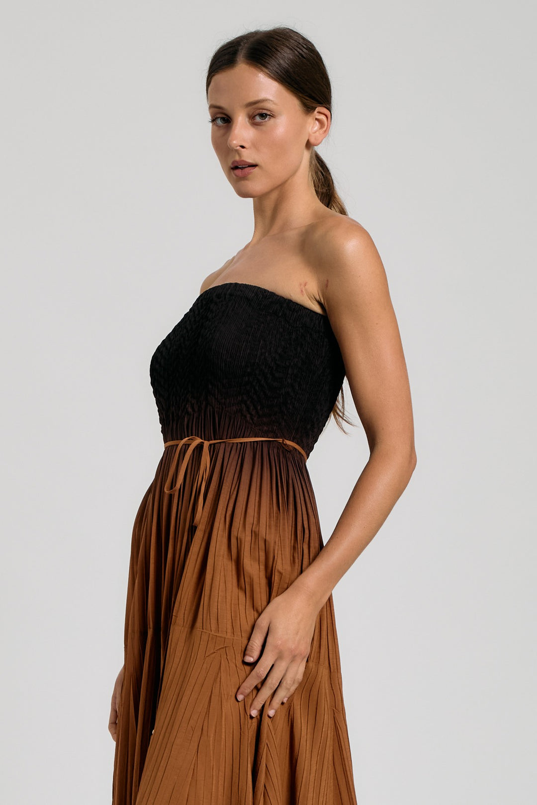 SMOCKED TUBE PLEATED MIDI DRESS