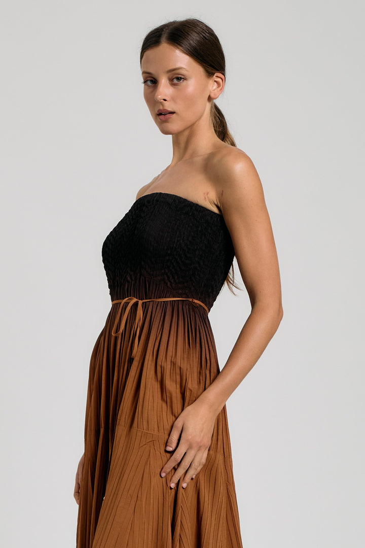 SMOCKED TUBE PLEATED MIDI DRESS