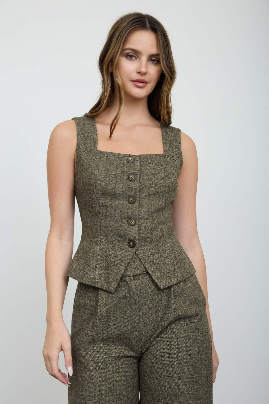 SQUARE NECK TWEED PEPLUM VEST TOP