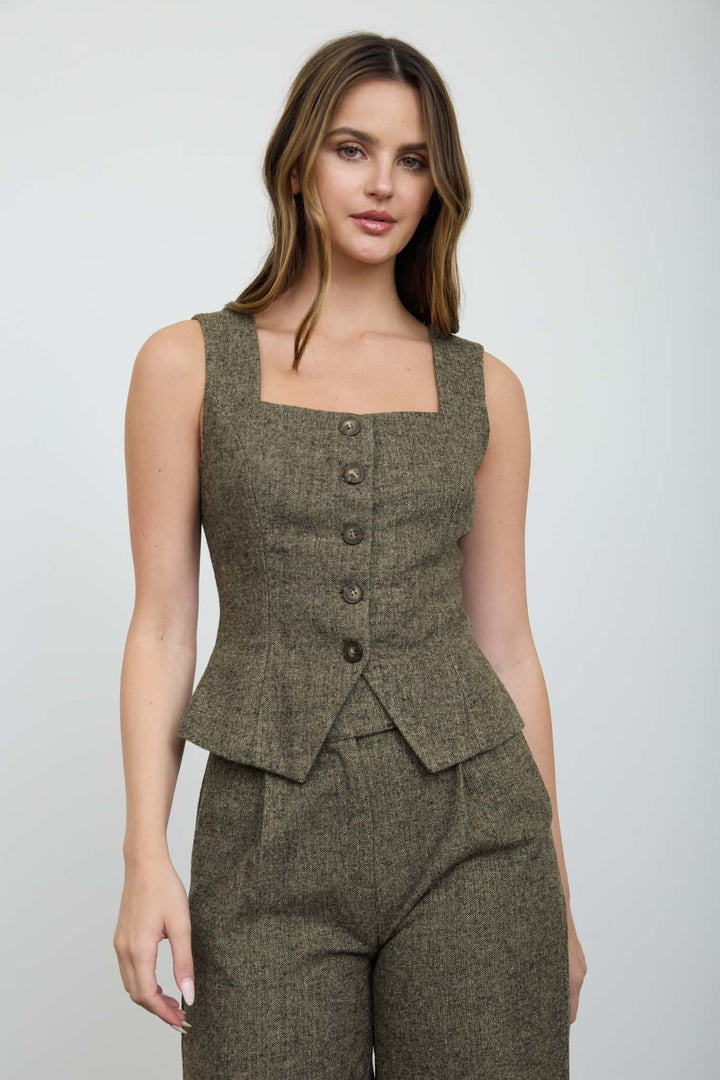 SQUARE NECK TWEED PEPLUM VEST TOP