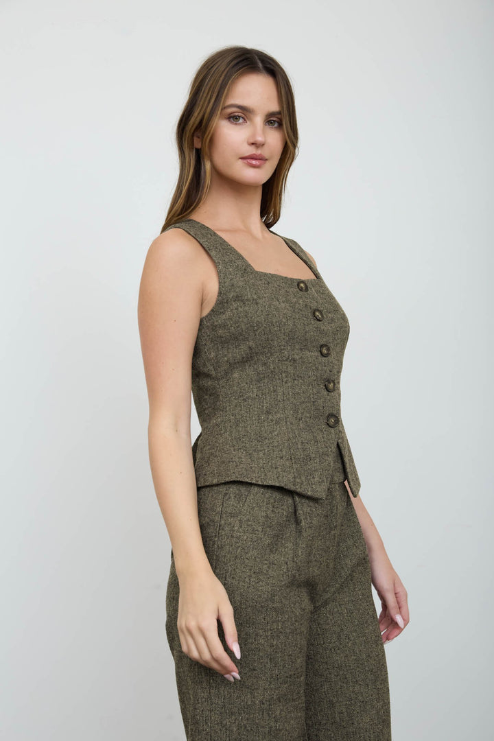 SQUARE NECK TWEED PEPLUM VEST TOP