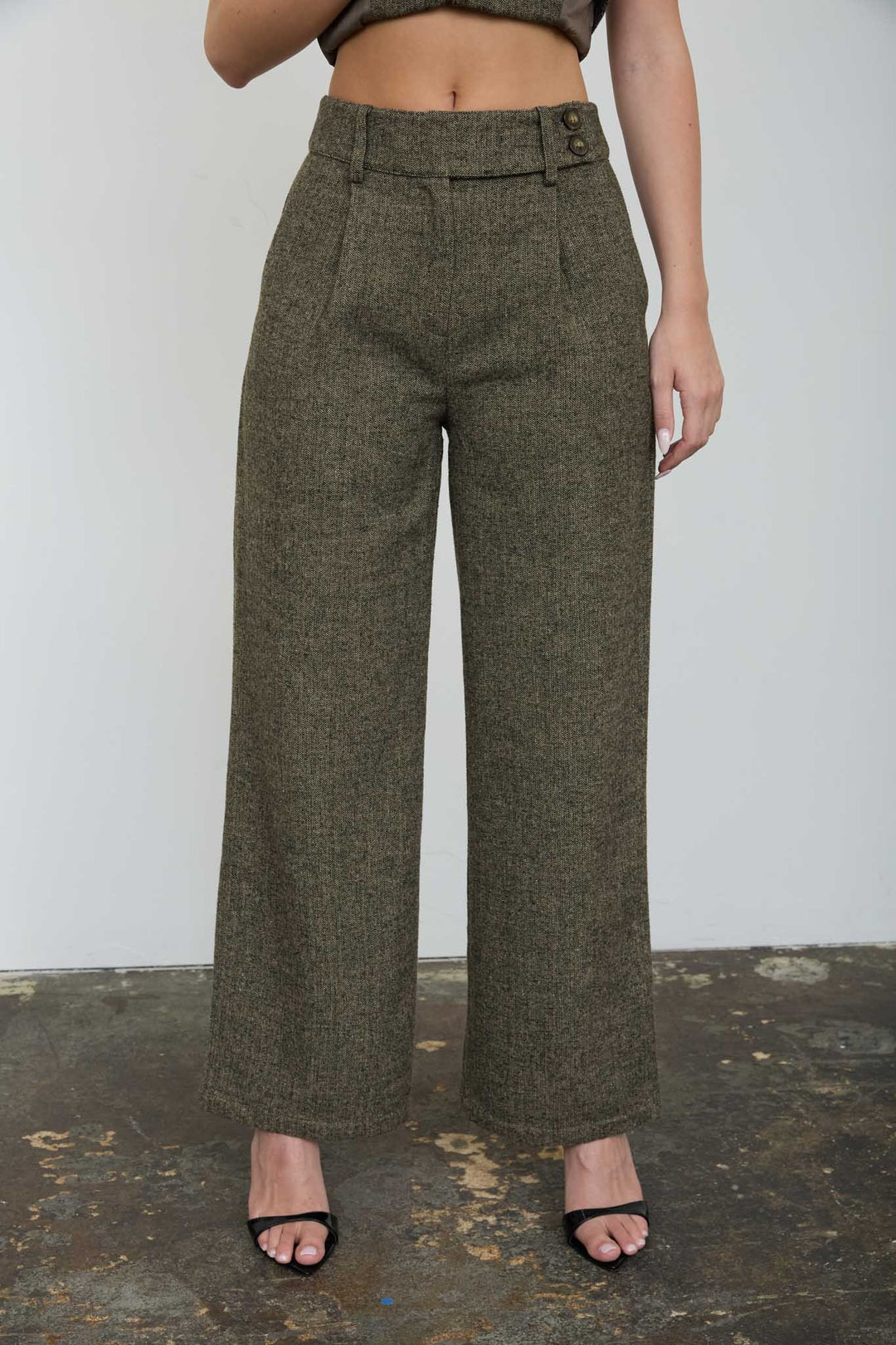 HIGH WAISTED PLEATED WIDE LEG TWEED PANTS
