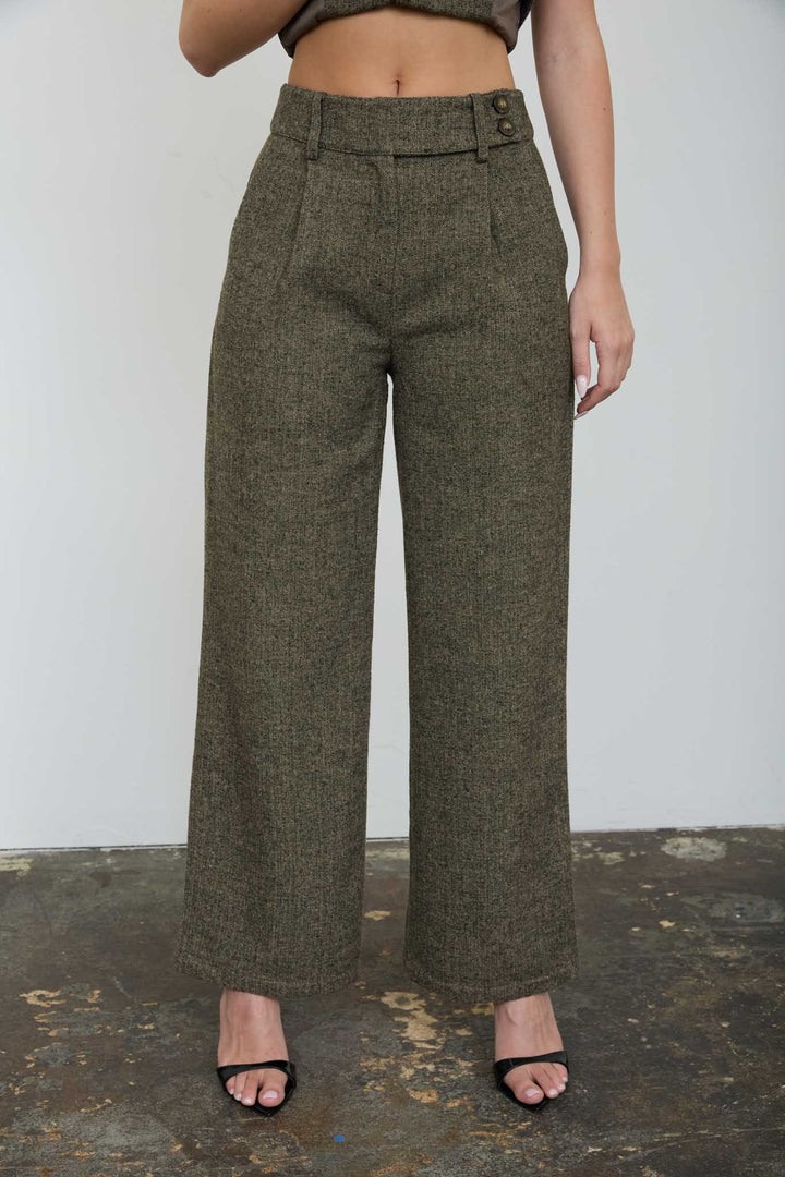 HIGH WAISTED PLEATED WIDE LEG TWEED PANTS