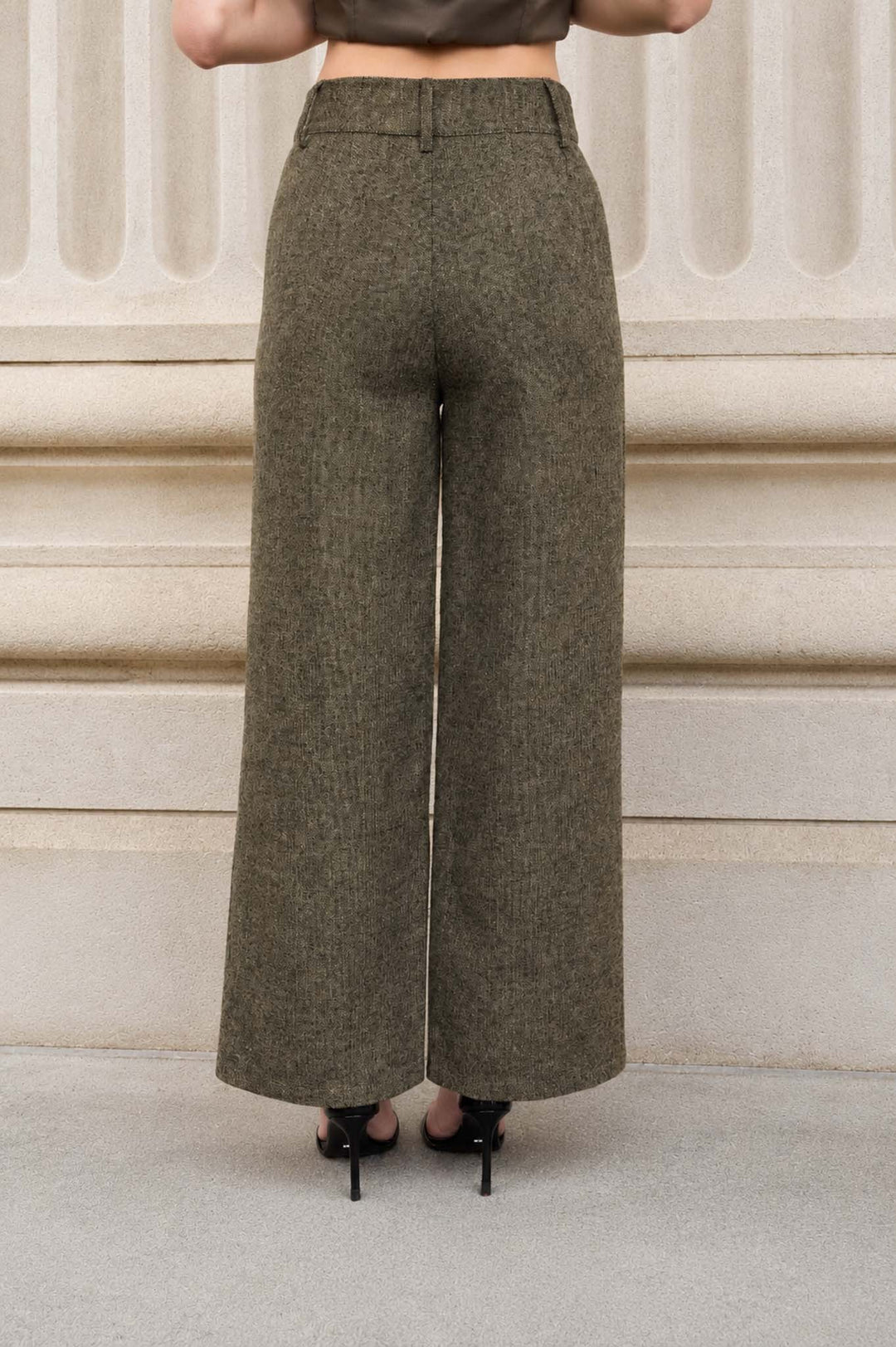 HIGH WAISTED PLEATED WIDE LEG TWEED PANTS